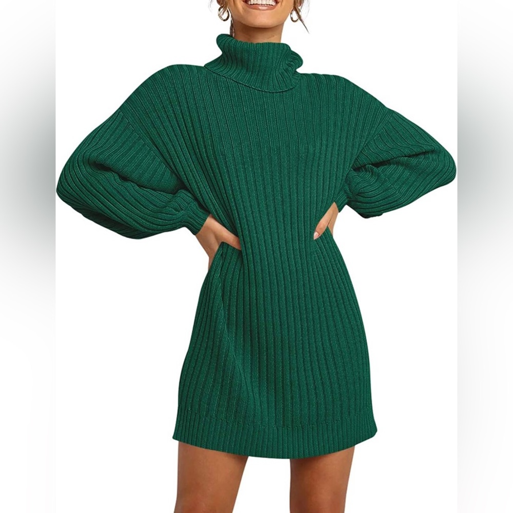 Turtleneck Long Lantern Sleeve Sweater Dress Winter Loose Knit Oversize Pullover